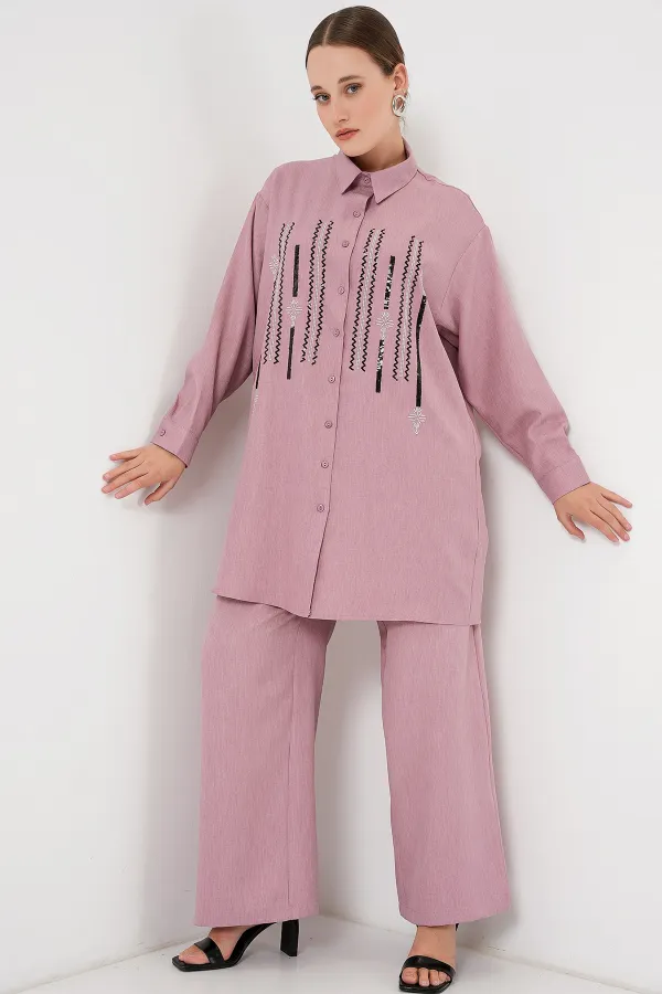 Ensemble deux pièces tunique et pantalon à motifs 6720 - Rose