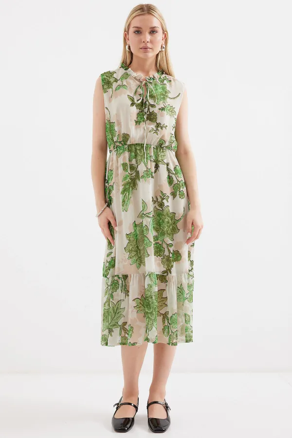 2503 Desenli Sıfır Kol Şifon Elbise - Yeşil