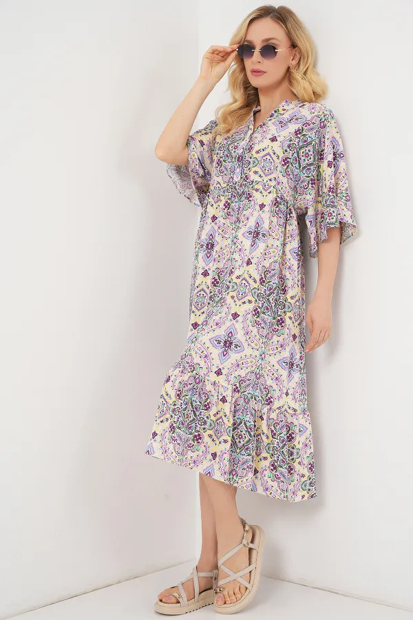 Kadın Desenli Kısa Kol Elbise 2562 - Bordo