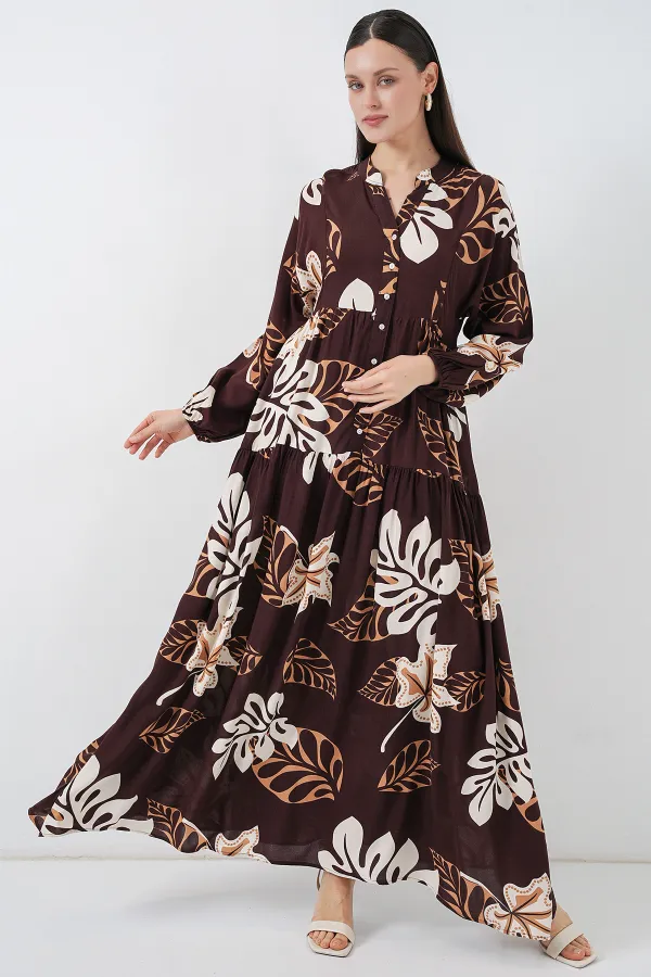 Robe longue hijab à motifs pour femme 2585 - Marron foncé