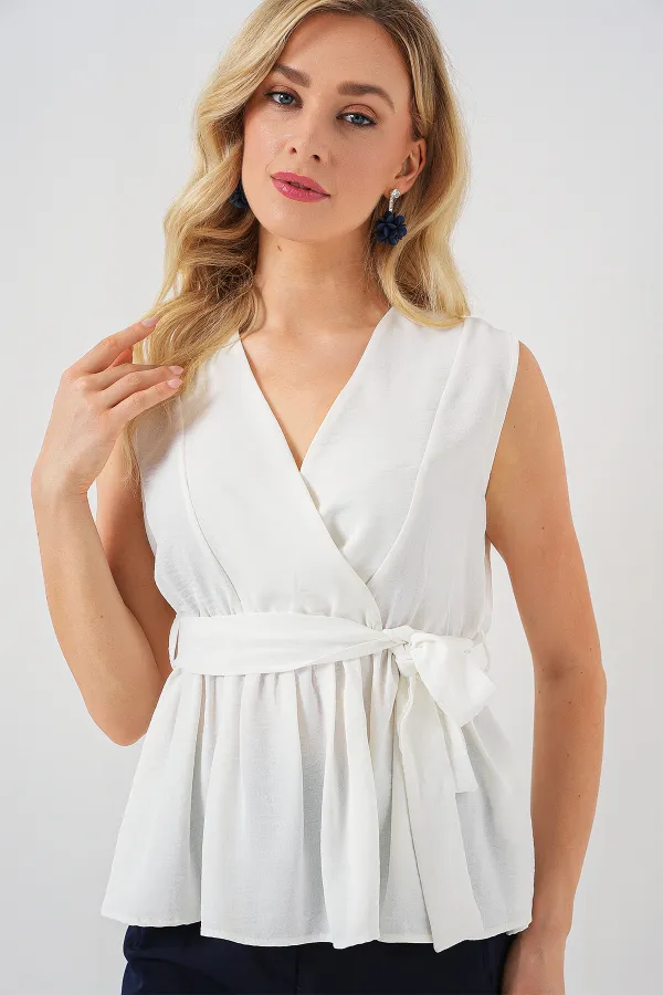 Kadın Kruvaze Yaka Kolsuz Bluz 966 - Beyaz