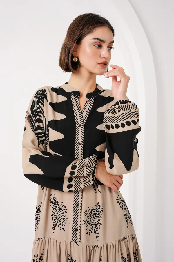 2423 Authentic Patterned Hijab Dress - C. Mink