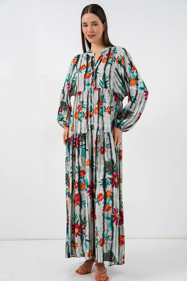 Kadın Desenli Uzun Tesettür Elbise 2585 - K. Antrasit