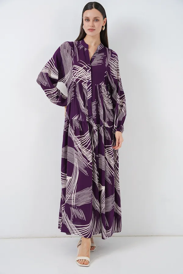 Kadın Desenli Uzun Tesettür Elbise 2585 - Mor