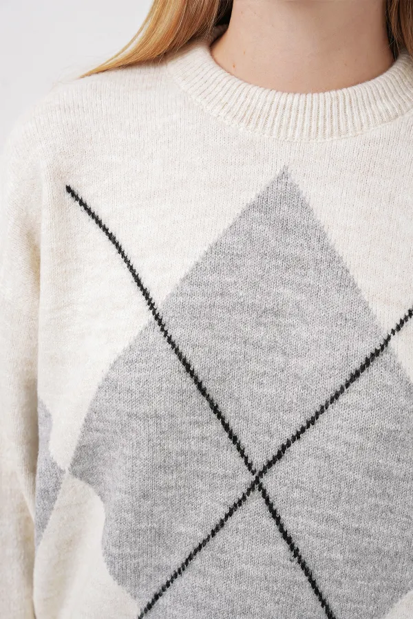 Pull oversize en maille à motif losanges - Gris clair 15895