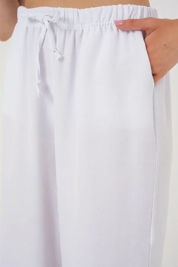 Women's Wide Leg Linen Trousers 6735 - White