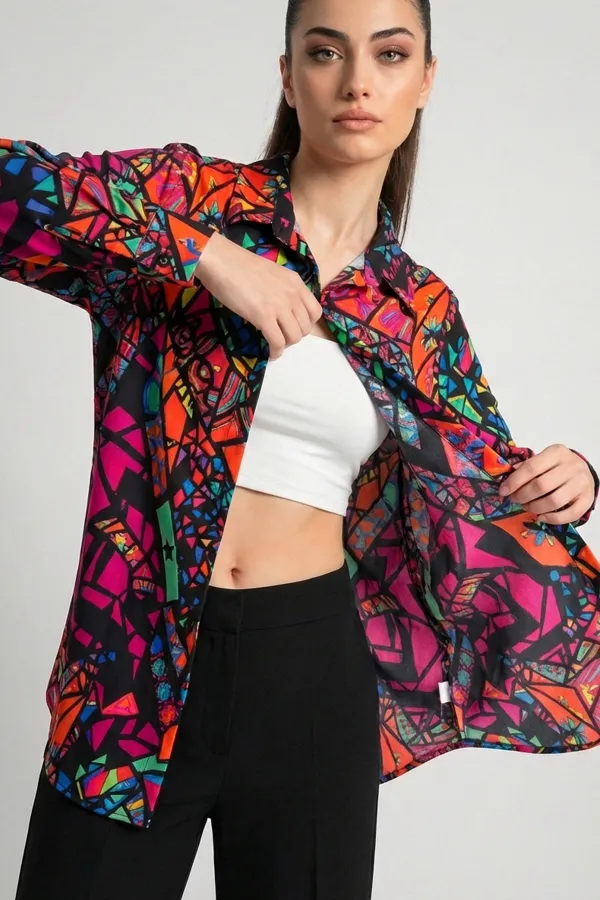 3721 Grafik Desenli Gömlek - Fuşya