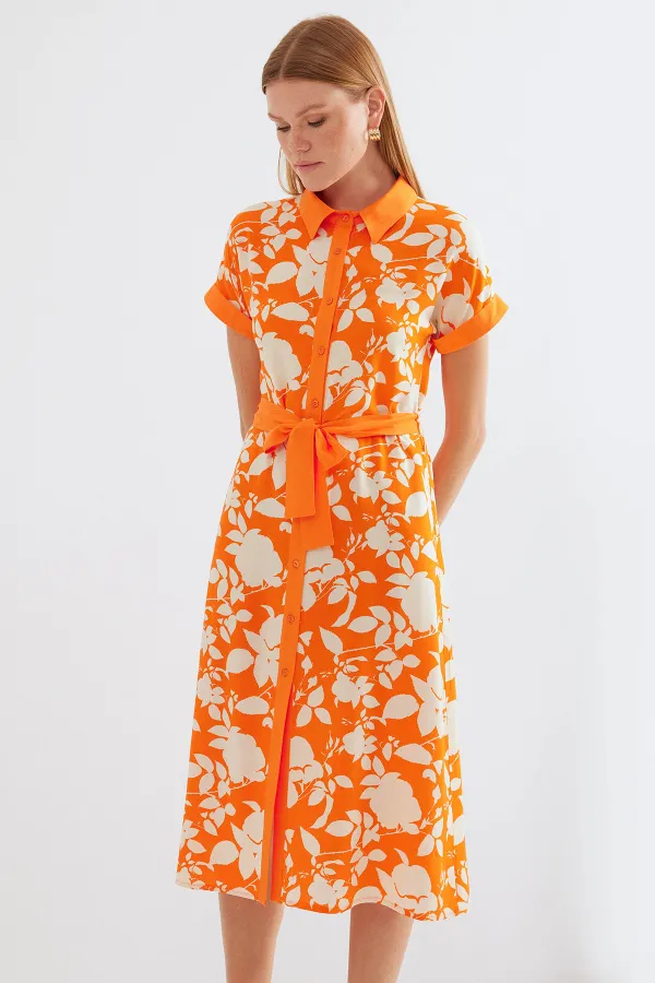 2455 Patterned Shirt Dress - Orange