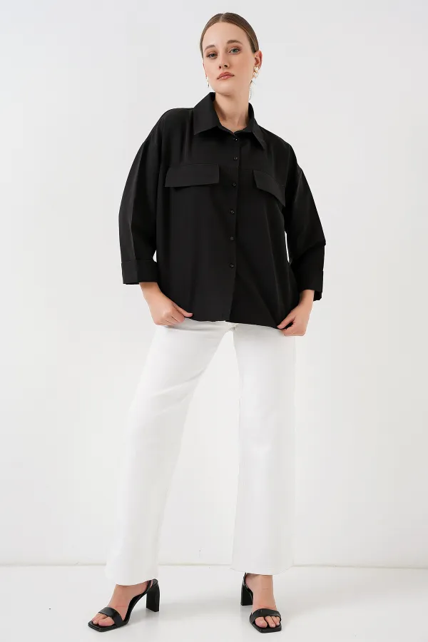Women's Pocket Detailed Oversize Shirt 20313 - Black