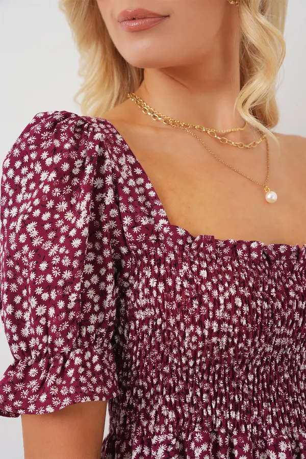 Women's Short-Sleeve Floral Dress 2556 - Burgundy