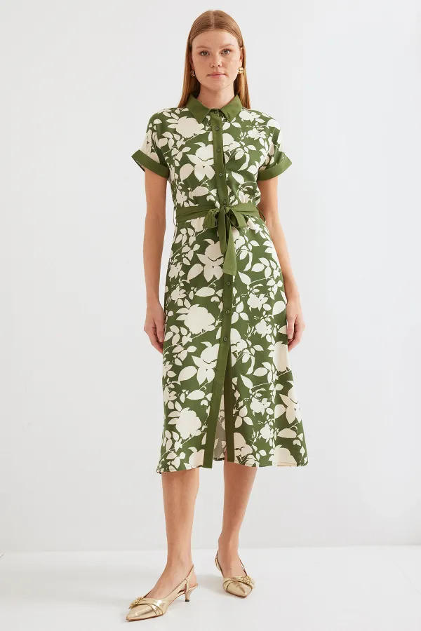 2455 Patterned Shirt Dress - Khaki