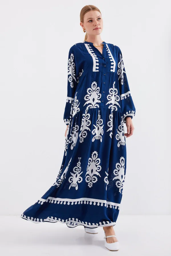 Robe hijab à motifs authentiques 2423 - Bleu marine clair