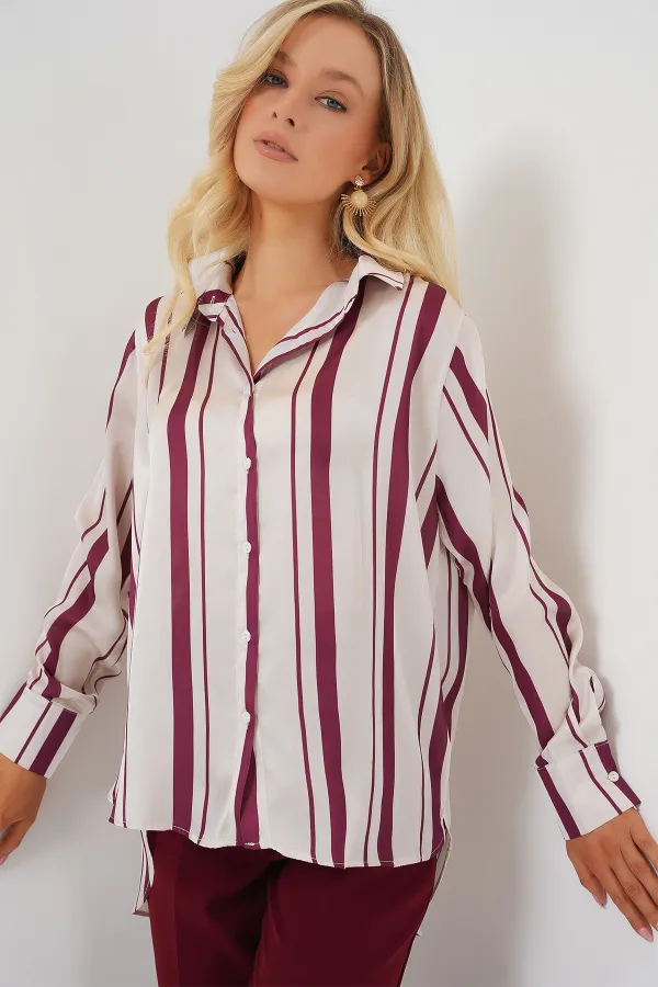 Chemise longue rayée en satin pour femme 20291 - Bordeaux