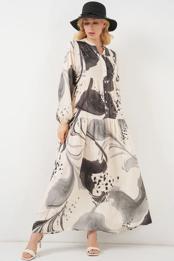 Kadın Desenli Uzun Tesettür Elbise 2585 - Siyah