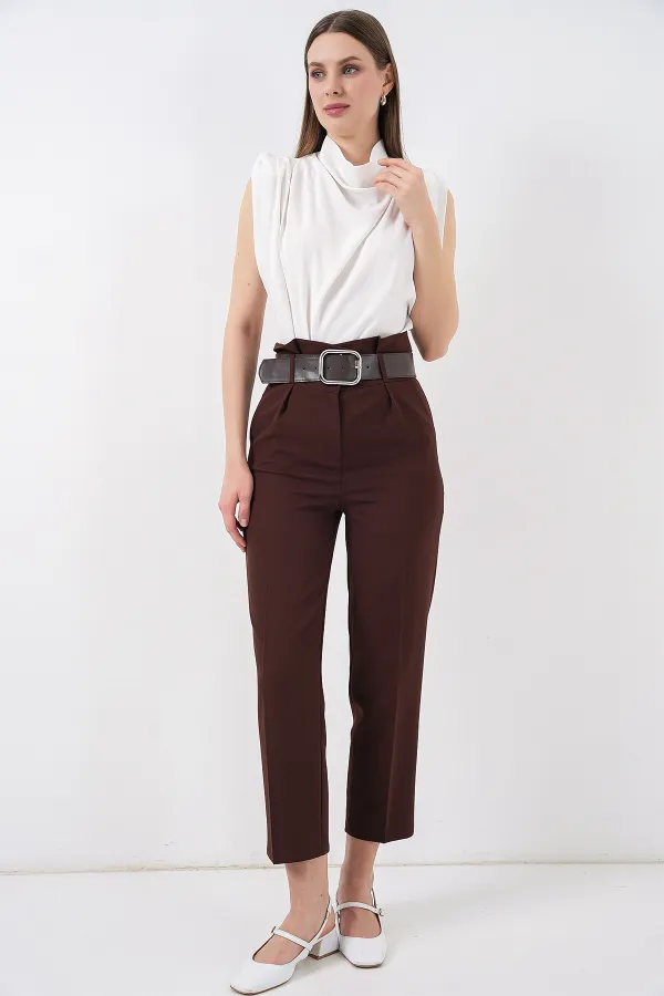 6556 Kemerli Kumaş Pantolon - Kahverengi