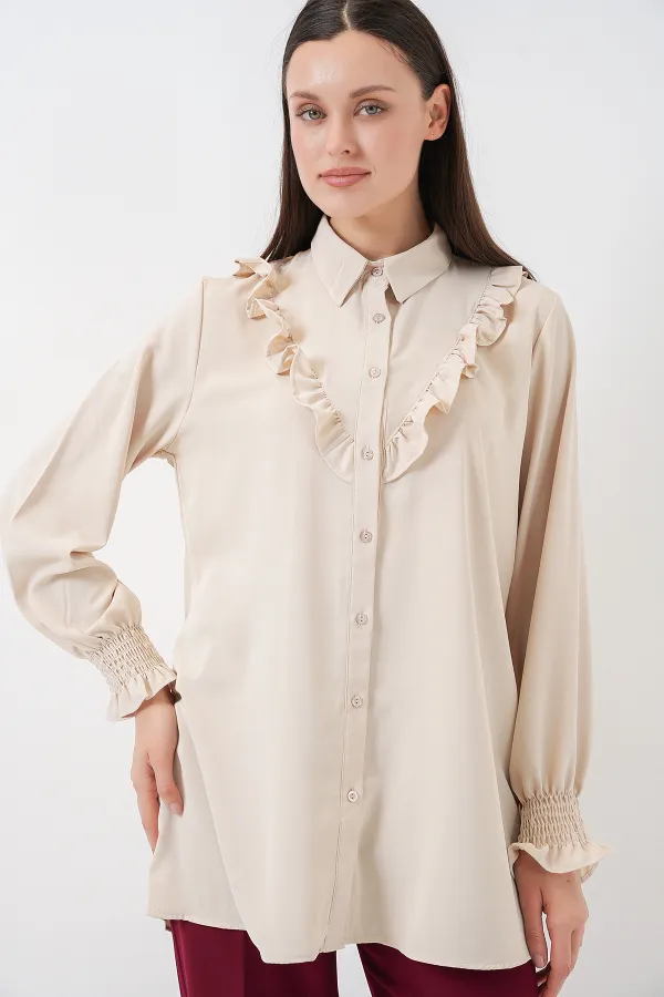 Kadın Fırfırlı Uzun Gömlek Tunik 5986 - Krem