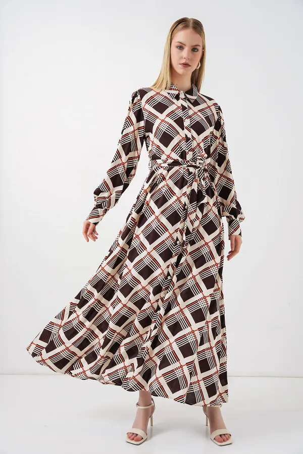 Kadın Boydan Düğmeli Uzun Tesettür Elbise 2588 - Kahve Bej