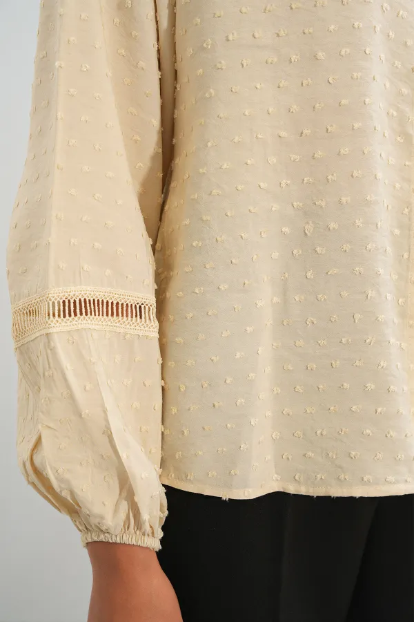 Kadın Oversize Desenli Gömlek 20379 - Krem