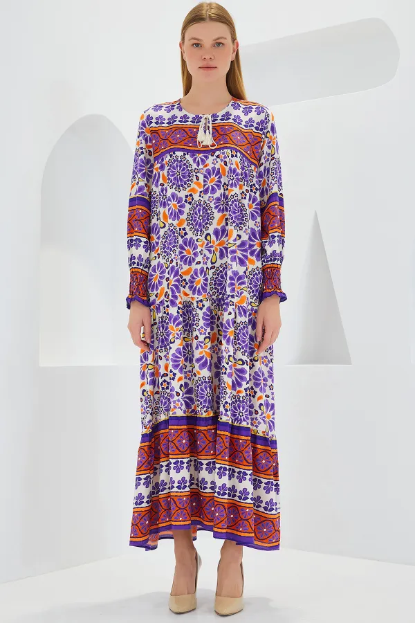 Women's Purple Tile Patterned Long Viscose Dress 1947