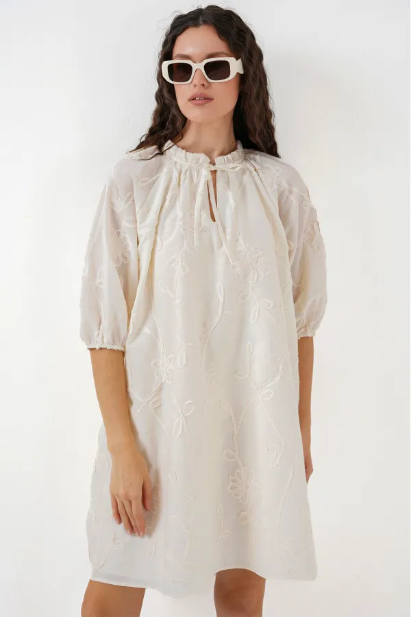 Kadın Desenli Kısa Elbise 2528 - Krem