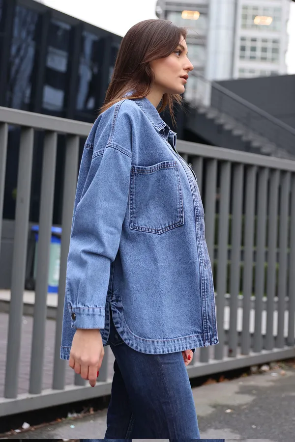 0694 Double Pocket Oversize Denim Jacket - Navy Blue 0694 Double Pocket Oversize Denim Jacket - Navy Blue