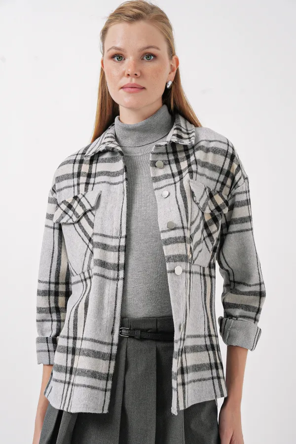 3854 Plaid Pattern Double Pocket Shirt - Light Gray