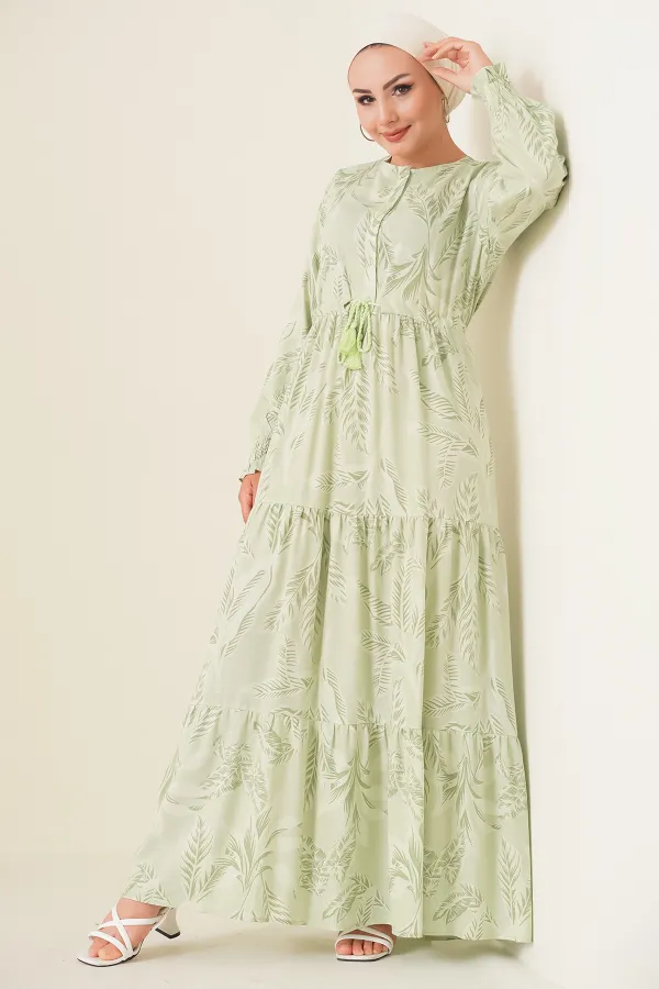 2145 Patterned Hijab Dress - Light Green 2145 Patterned Hijab Dress - Light Green
