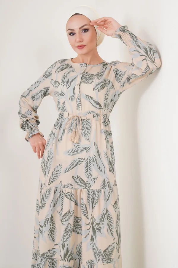 2145 Desenli Tesettür Elbise - Bej