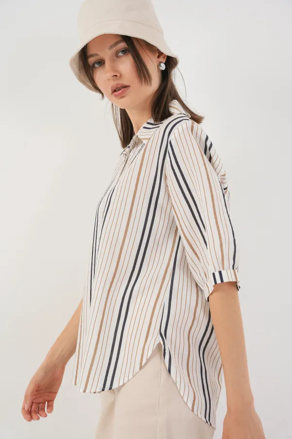 Women's Striped Short Sleeve Shirt 20345 - Beige