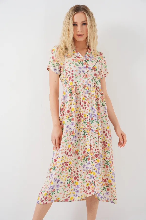 Women's Buttoned-Down Short Sleeve Floral Dress 2561 - Cream