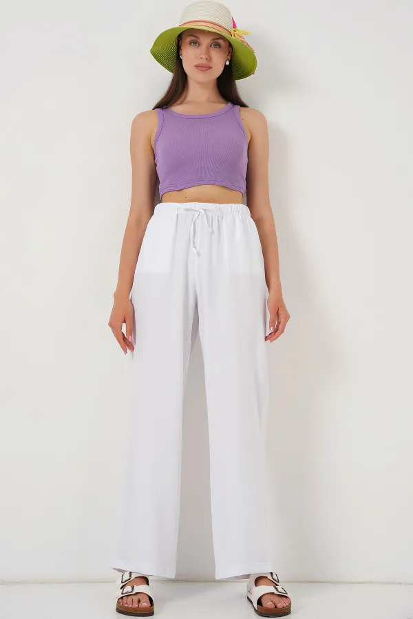 Women's Wide Leg Linen Trousers 6735 - White
