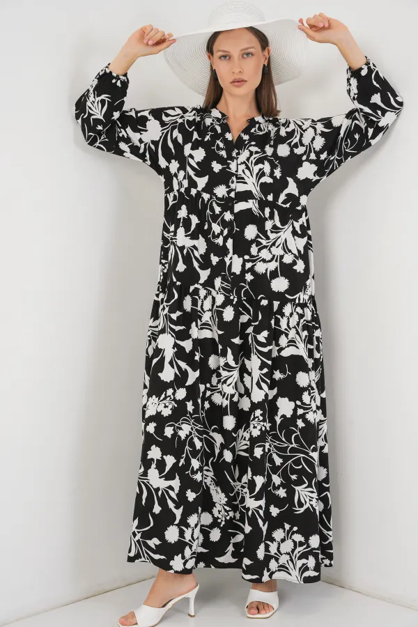 Kadın Desenli Uzun Tesettür Elbise 2585 - Siyah - Beyaz 1