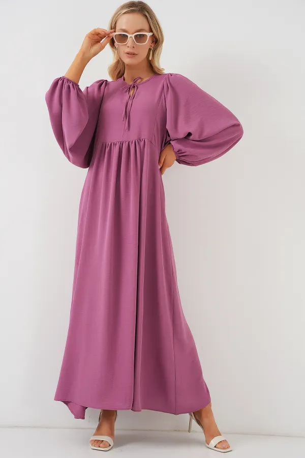 Women's Balloon Sleeve Long Hijab Dress 2464 - Rose Pink