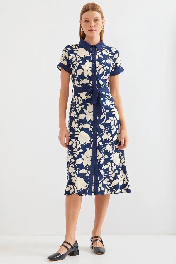 2455 Patterned Shirt Dress - Navy Blue