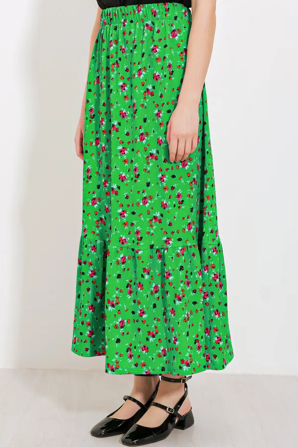 Women's Green Floral Patterned Long Knitted Skirt 1886