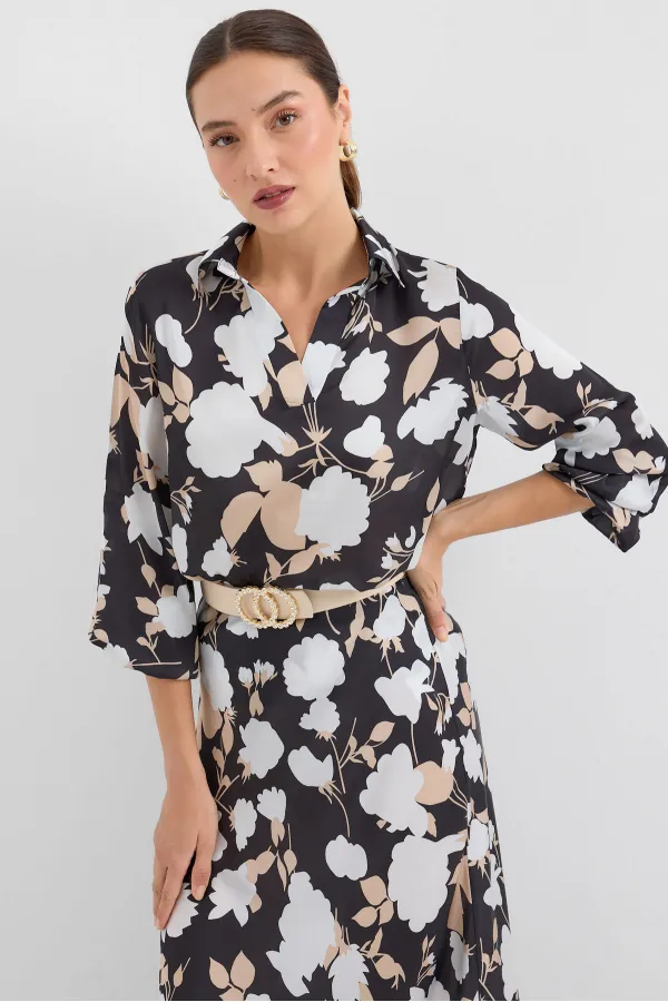 Ensemble deux pièces en satin à motifs 8018 - Noir