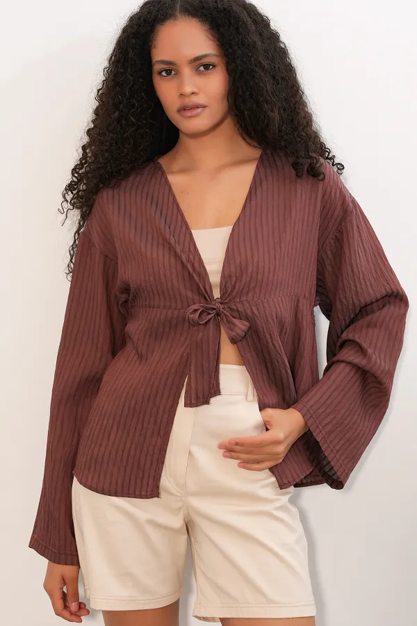 Women's Front Lace-Up Blouse 952 - Brown Women's Front Lace-Up Blouse 952 - Brown