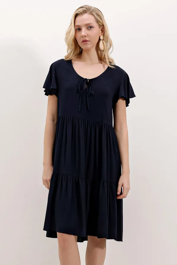 2352 V-Neck Short Dress - Light Navy Blue