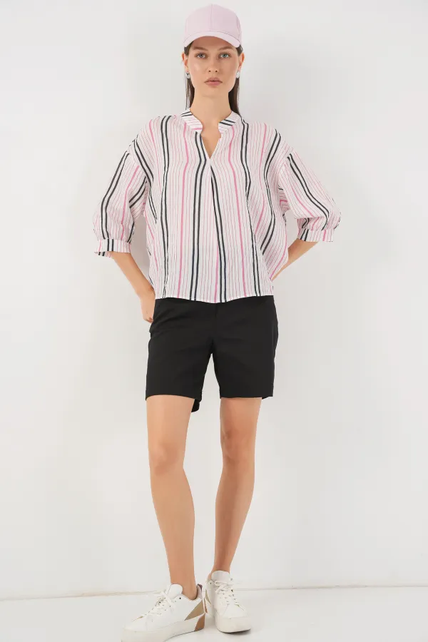 Kadın Çizgili Oversize Bluz 967 - Pembe