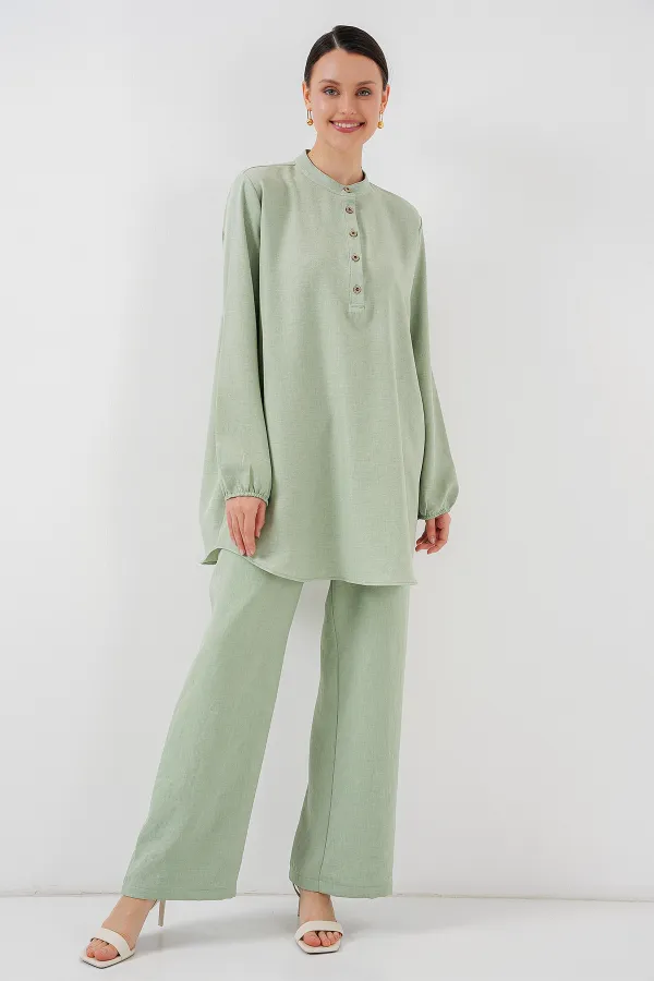 6678 Linen Tunic and Trousers Two-Piece Set - Light Green 6678 Linen Tunic and Trousers Two-Piece Set - Light Green