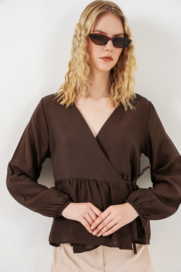 Kadın Yandan Bağlamalı Uzun Kollu Bluz 996 - Kahverengi