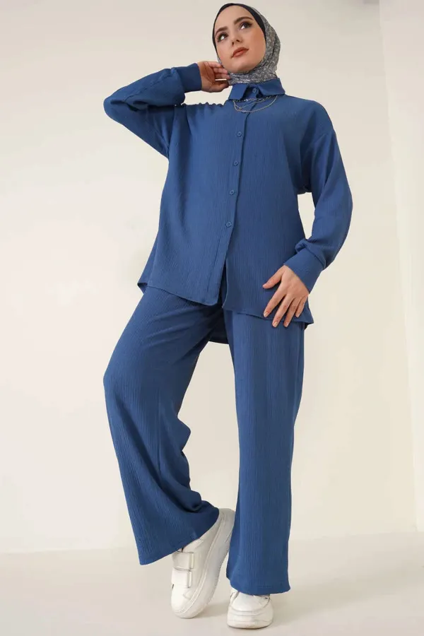 Ensemble deux pièces hijab tricoté T5858 - Indigo