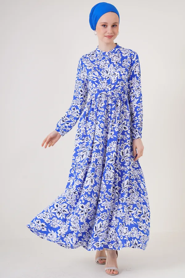 2144 Hakim Yaka Tesettür Elbise - Saks