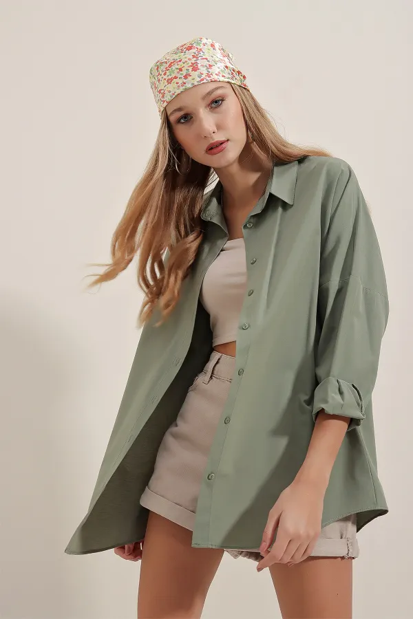 Women's Khaki Oversize Long Basic Shirt 3900