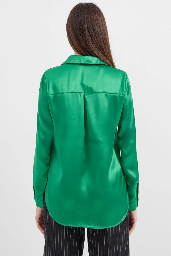 3964 Hafif Dökümlü Saten Gömlek - Yeşil