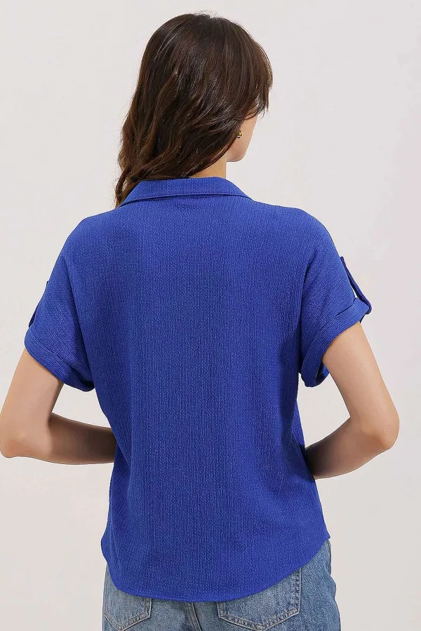 20187 Short Sleeve Oversize Knitted Shirt - Navy Blue