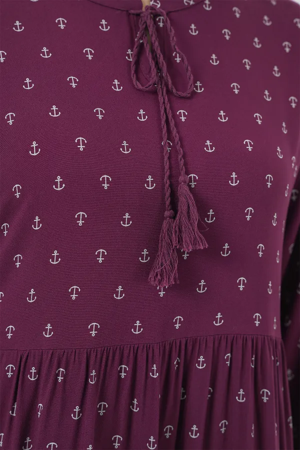 1627 Yaka Bağcıklı Tesettür Elbise - Çapa Mor