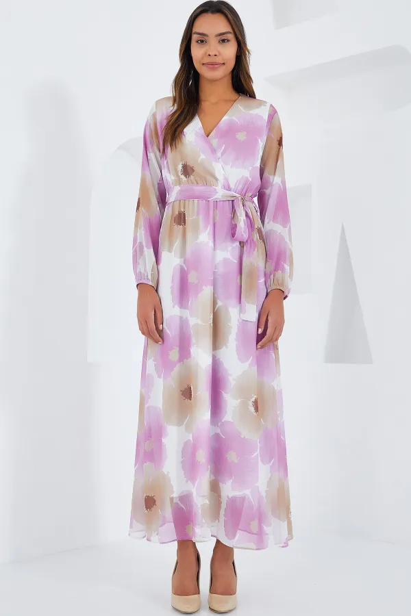 Women's Pink Beige Floral Patterned Chiffon Dress 2134