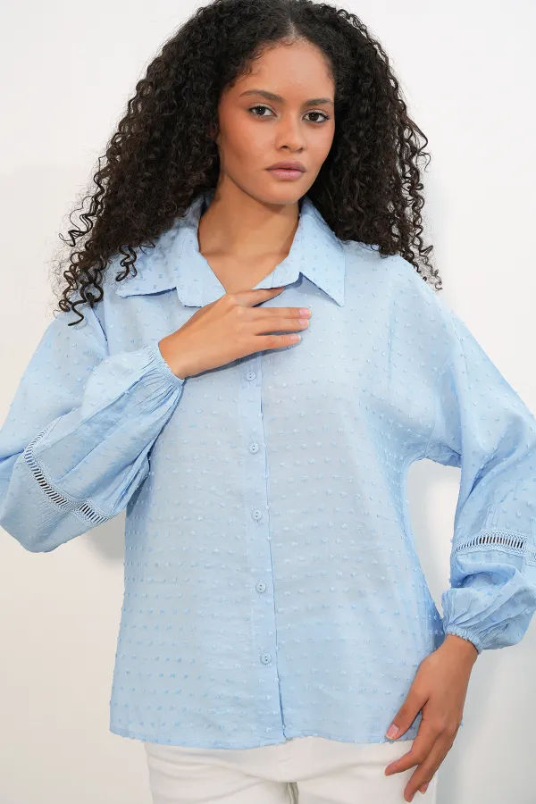 Kadın Oversize Desenli Gömlek 20379 - Mavi Kadın Oversize Desenli Gömlek 20379 - Mavi