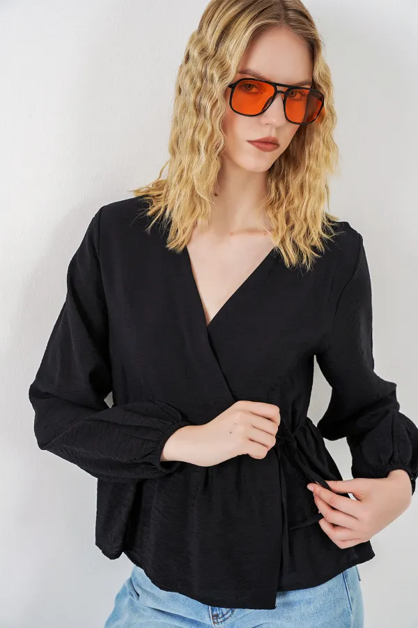 Kadın Yandan Bağlamalı Uzun Kollu Bluz 996 - Siyah